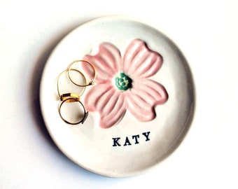 Personalized Dogwood Ring Dish, Jewelry Storage, Ceramic, Custom, Lauren Sumner Pottery