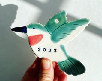 Hummingbird Ornament, Ceramic Personalized, Handmade, Pottery - Custom, Cute Hummingbird Stamped Name Ornament, Kid, Child, Family Ornament