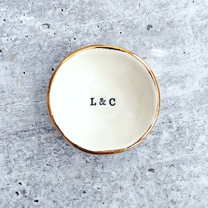 Initial Gold Ring Dish, Gold Luster Edge, Jewelry Dish, Engagement Gift, Ceramic Ring Bowl, Custom Initials Lauren Sumner Pottery image 1