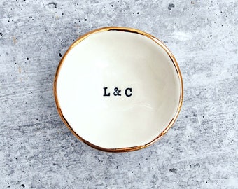 Initial Gold Ring Dish, Gold Luster Edge, Jewelry Dish, Engagement Gift, Ceramic Ring Bowl, Custom Initials- Lauren Sumner Pottery