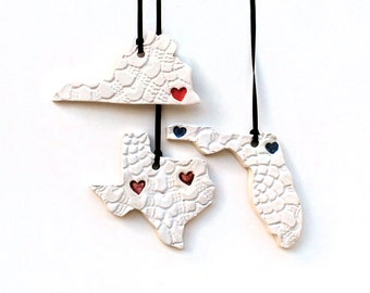 Custom State Ornament, Heart - Personalized Ceramic, Pottery, Handmade - State shape - Christmas Ornament - Stocking Stuffer, City Location