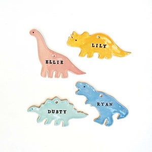 May include: Four ceramic dinosaur ornaments with names written on them. The dinosaurs are a pink brachiosaurus with the name "Ellie", a yellow triceratops with the name "Lily", a blue T-Rex with the name "Ryan", and a light blue stegosaurus with the name "Dusty".