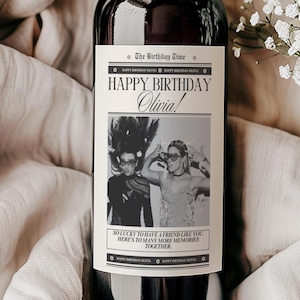 Birthday Newspaper Wine Label,Birthday Prosecco Label ,Birthday Champagne Label,Personal Birthday Photo Wine Label