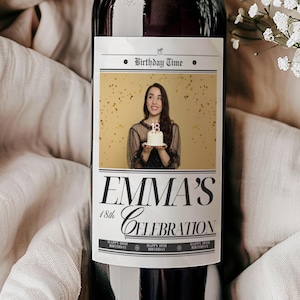 Newspaper Birthday Wine Label,Custom Photo Wine Label Birthday Wine Label Editable,Custom Champagne Label Birthday