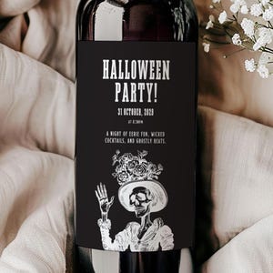 Skeleton Woman Wine Bottle Label,Digital Halloween Label,Funny Halloween Wine Bottle Label,Scary Alcohol Bottle Label
