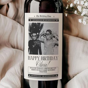 Birthday Newspaper Wine Label,Birthday Prosecco Label ,Birthday Champagne Label,Personal Birthday Photo Wine Label