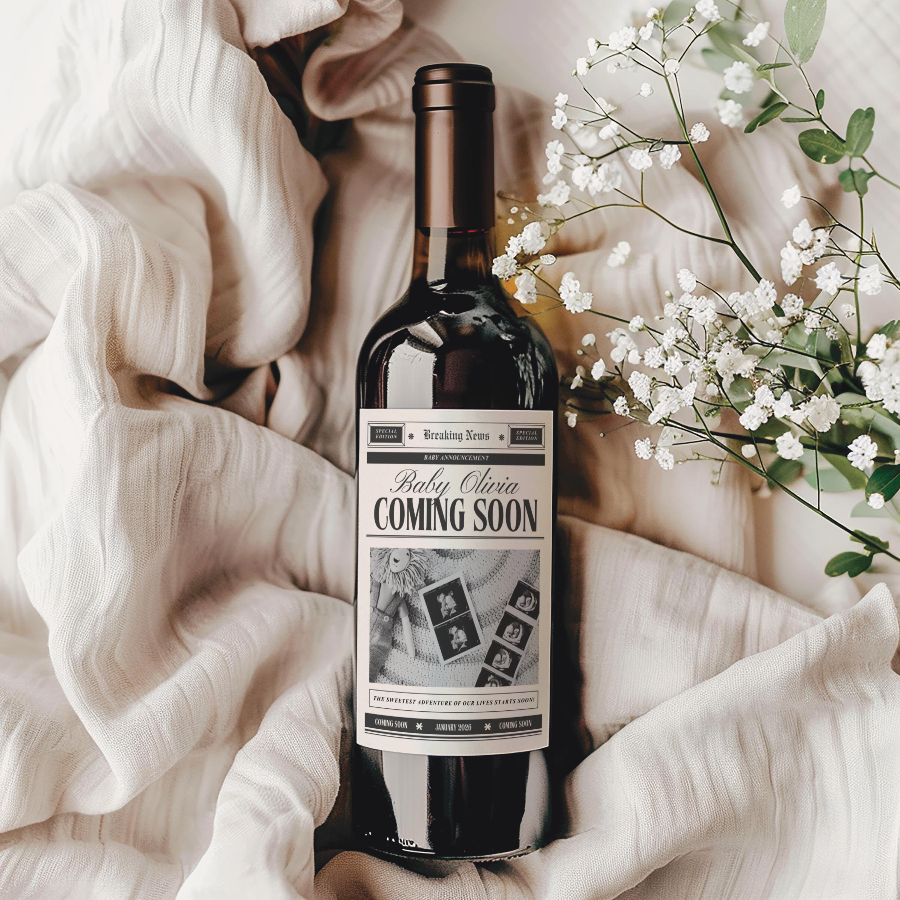 Pregnancy Announcement Newspaper Wine label, Newspaper Baby Pregnancy Announcement,Pregnancy Revealing Announcement,