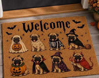 Halloween mops dörrmatta, läskig hundkostym välkomstmatta, söt mops ytterdörrdekor, hundälskare present, höst utomhus heminredning