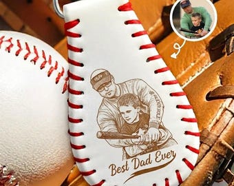 Custom Photo Drawing Best Dad Ever, Personalized Leather Baseball Keychain, Father's Day Gift For Dad, Husband, Dad Baseball Coach Gift
