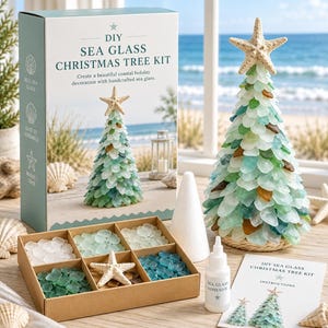 May include: A DIY sea glass Christmas tree kit featuring a cardboard box with product text, a finished conical tree decorated with green, blue, and white sea glass pieces topped with a starfish, a divided tray of sea glass, adhesive, and instructions.