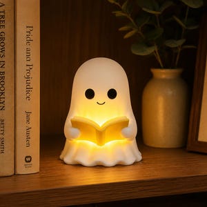 Spooky Ghost Reading Night Light, Cute Halloween Book Lamp, Cozy Reading Nook Decor, Bookshelf Ghost Light, Gift for Book Lovers