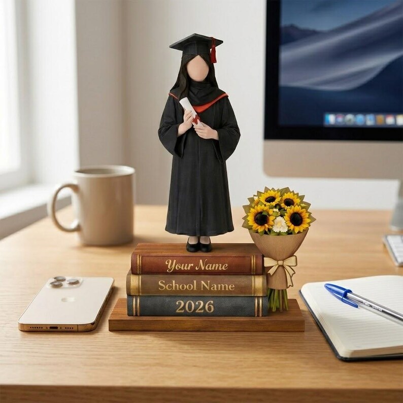 May include: A graduation figurine in a black gown and cap, holding a diploma. It stands on a stack of books with the text "Your Name", "School Name", and "2026". A bouquet of sunflowers and a smartphone are also present.