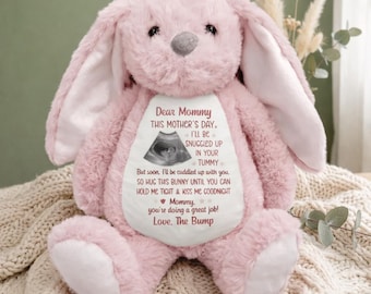 Personalized Ultrasound Photo Bunny for Mom, Mother’s Day Gift from the Bump, Custom Pregnancy Reveal Plush, Snuggled in Your Tummy Keepsake
