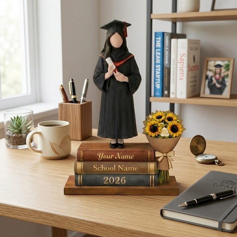 May include: A graduation figurine of a person in a black cap and gown, holding a diploma. The figurine stands on a stack of books with personalized text. A bouquet of sunflowers and a coffee mug are also on the desk.