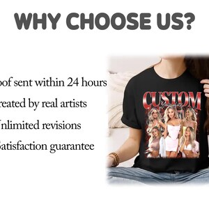 Pu&ograve; includere: Una maglietta nera con la parola "CUSTOM" stampata in lettere bianche. La maglietta presenta un gruppo di donne in una grafica in stile vintage. Il testo "Proof sent within 24 hours", "Created by real artists", "Unlimited revisions" e "Satisfaction guarantee" &egrave; elencato sul lato sinistro dell'immagine.