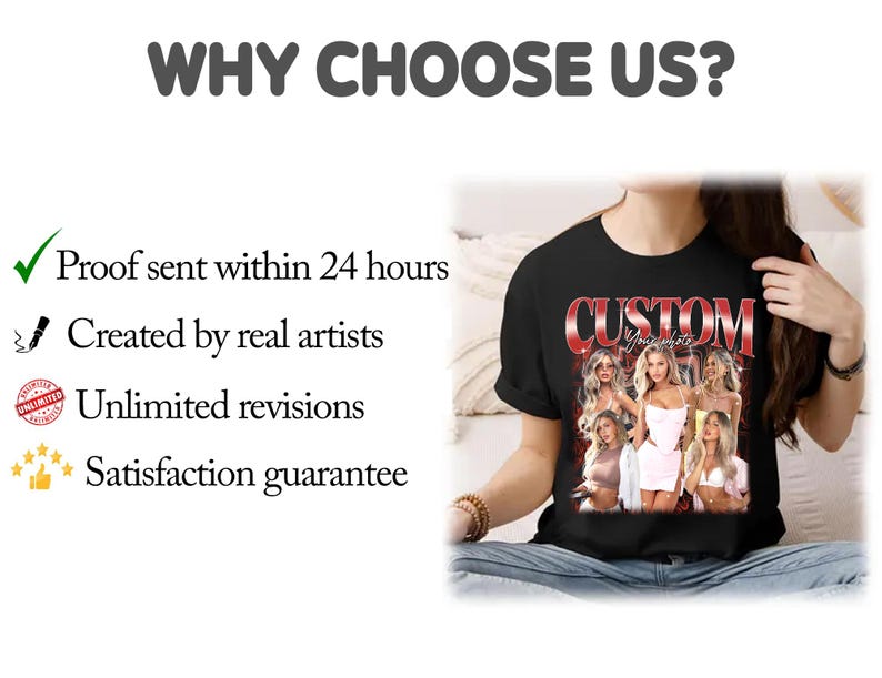 Pu&ograve; includere: Una maglietta nera con la parola "CUSTOM" stampata in lettere bianche. La maglietta presenta un gruppo di donne in una grafica in stile vintage. Il testo "Proof sent within 24 hours", "Created by real artists", "Unlimited revisions" e "Satisfaction guarantee" &egrave; elencato sul lato sinistro dell'immagine.