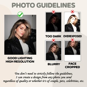 Pu&ograve; includere: Una guida per scattare foto per progetti personalizzati. La guida mostra una foto ben illuminata con alta risoluzione, una foto troppo scura, una foto sovraesposta, una foto sfocata e una foto con il viso ritagliato.