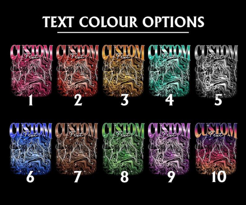 Pu&ograve; includere: Dieci diverse opzioni di colore per la personalizzazione del testo. Ogni opzione presenta un design astratto unico con un motivo a spirale e il testo "CUSTOM Text" in grassetto, in bianco.