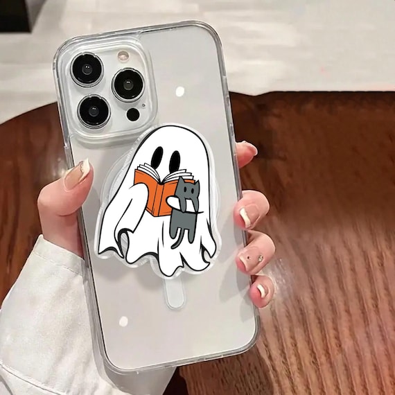 Halloween Ghost MagSafe Phone Grip, Cute Bookish Ghost with Cat, Magnetic Phone Holder for Book Lovers, Spooky Bookish Gift