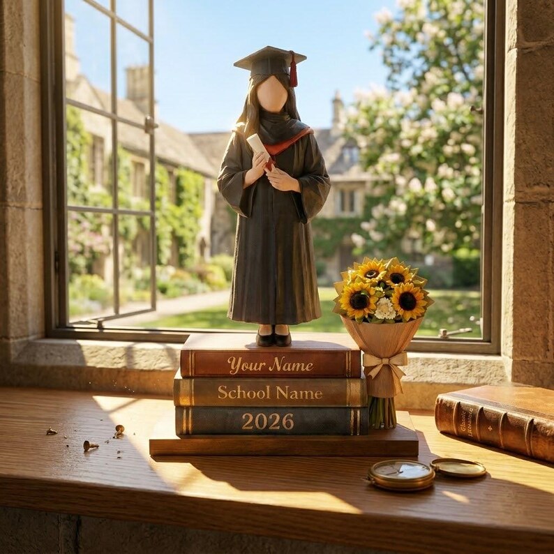 May include: A graduation figurine in a cap and gown, holding a diploma, stands atop three stacked books. The books read "Your Name," "School Name," and "2026." A bouquet of sunflowers sits nearby. The scene is set by a window.
