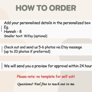 Pu&ograve; includere: Una guida in tre passaggi per ordinare prodotti fotografici personalizzati. Passaggio 1: Aggiungi i tuoi dettagli personalizzati. Passaggio 2: Invia 5-6 foto tramite messaggio Etsy. Passaggio 3: Ti invieremo un'anteprima per l'approvazione entro 24 ore. Nota: non c'&egrave; alcun modello per l'auto-editing. Domande? Non esitare a contattarmi.
