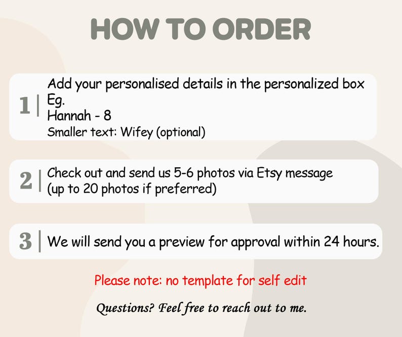Pu&ograve; includere: Una guida in tre passaggi per ordinare prodotti fotografici personalizzati. Passaggio 1: Aggiungi i tuoi dettagli personalizzati. Passaggio 2: Invia 5-6 foto tramite messaggio Etsy. Passaggio 3: Ti invieremo un'anteprima per l'approvazione entro 24 ore. Nota: non c'&egrave; alcun modello per l'auto-editing. Domande? Non esitare a contattarmi.