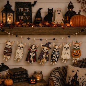 Op de afbeelding: Een Halloween-slinger met zeven hangende houten ornamenten van Chihuahua's in kostuums, waaronder een trui, mummiewikkelingen, een vampiercape, een heksenhoed, een skeletpak, een spooklaken en een pompoenpak, aan een koord met kralen.