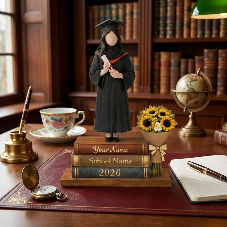 May include: A graduation figurine of a person in a black cap and gown holding a diploma, standing on a stack of books. The books read "Your Name", "School Name", and "2026". A bouquet of sunflowers sits nearby.