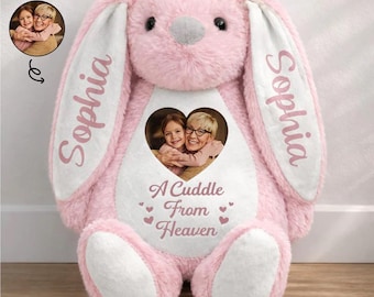 Personalized A Cuddle From Heaven Memorial Bunny, Custom Photo Easter Gift for Loss of Loved One, Sympathy Plush Toy, Bereavement Keepsake