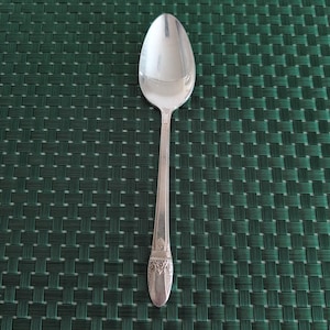 May include: A silver spoon with an oval bowl and a long handle. The handle features an ornate design near the base. The spoon is set against a dark green woven background.