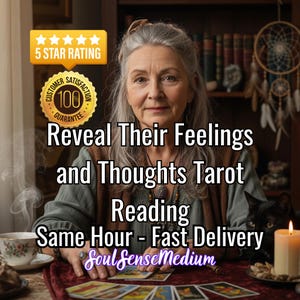 May include: An image featuring a woman with gray hair, tarot cards, and a black cat. Text on the image reads "Reveal Their Feelings and Thoughts Tarot Reading Same Hour - Fast Delivery Soul SenseMedium". There is a 5-star rating and a customer satisfaction guarantee badge.