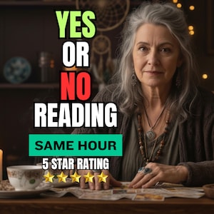 May include: A woman with grey hair and a brown cardigan, with multiple necklaces, sits at a table. Text on the image reads "YES OR NO READING" and "SAME HOUR". Five gold stars are below the text.