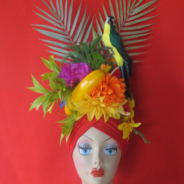 Tropical fruits Parrot RED TURBAN Carmen Miranda style, headdress,tropical, carnival