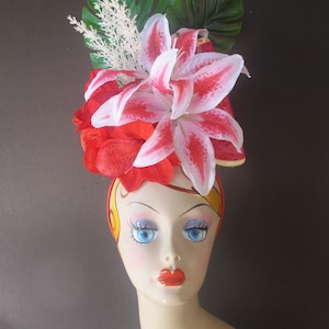 Tropical Fruit WATERMELON,red amarilies  snd lilies HEADBAND  Carmen Miranda style
