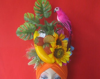 Tropical fruits Parrot ORANGE TURBAN Carmen Miranda style, headdress,tropical, carnival