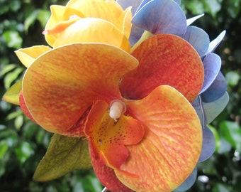 Hawaiian tropical hair flower clip orange and yellow orchids and  blue  hydrangea ,Wedding, bridal,