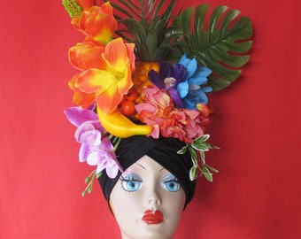 Tropical fruits   BLACK TURBAN Carmen Miranda style, headdress,tropical, carnival