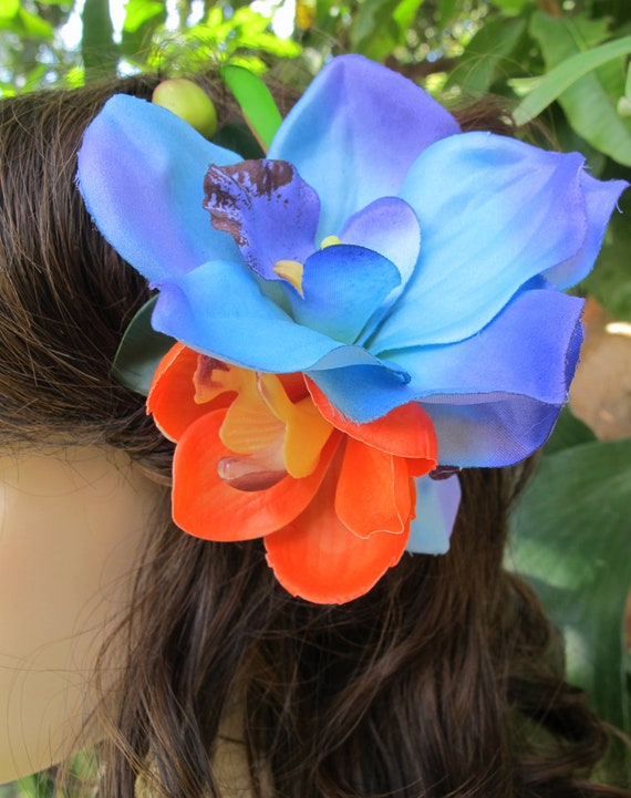 Mauna Loa Tropical Flowers Clip Hawaiian Orchids Blue Purple Aqua Silk Flowers Jewels Colors Bridal Wedding Hula Pinup Headpiece Hair Flower Accessories Weddings Valresa Com