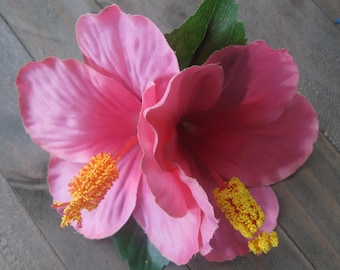 PINK double HIBISCUS hair flower clip - weddings- PR flowers, Hawaiian