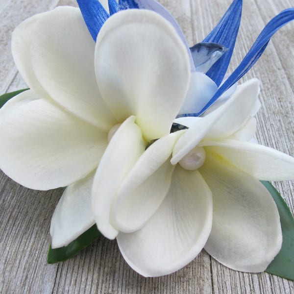 Hawaiian - Tropical - White Plumeria - Blue orchid - hair clip - Wedding-