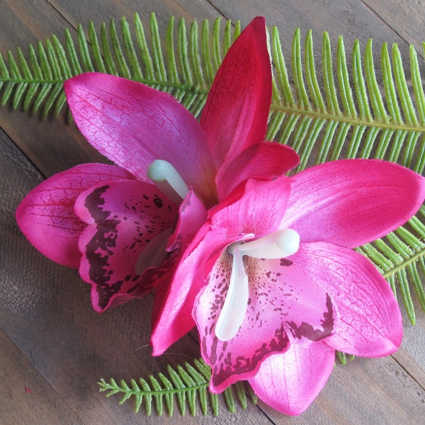 Hawaiian  FUCHSIA double Orchids hair flower clip - weddings-