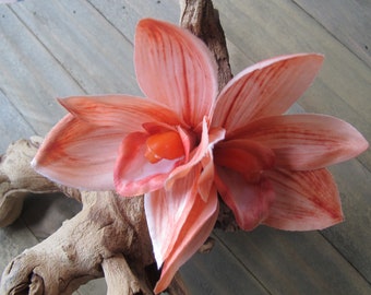 Tropical  CORAL IVORY double Orchids hair flower clip ,Hawaiian Wedding, beach party, bridal, tiki. pinup