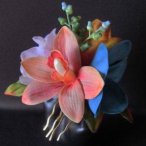 Hawaiian Tropical  PEACH ORCHID orange and blue plumeria flower hair clip or hair comb Wedding,Bridal Hair piece, Beach,