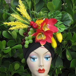 BLACK TURBAN Tropical Fruits Carmen Miranda style adult and children sizes