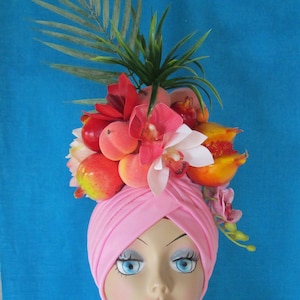 Tropical Fruits  PINK TURBAN  pomegranates , peaches Carmen Miranda  style