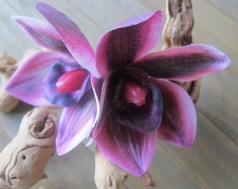 Tropical ROSE WINE double Orchids hair flower clip ,Hawaiian Wedding, beach party, bridal, tiki. pinup