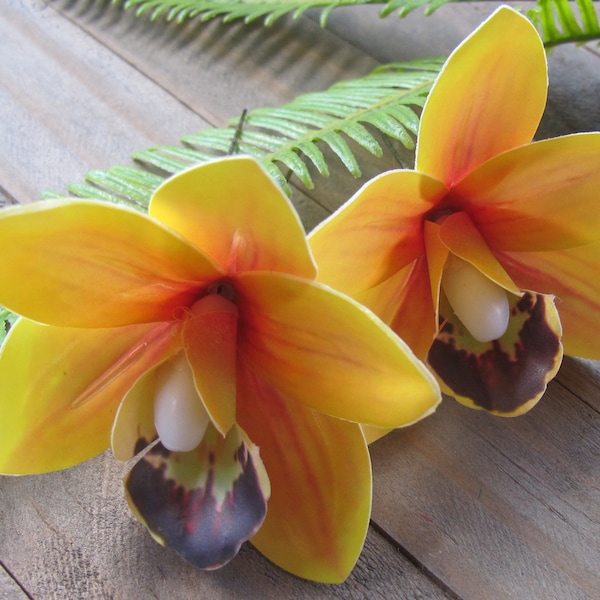 Hawaiian orchids hair pins   Orange Yellow  Orchids SET OF 2  bobby pins orchids hair clips - Weddings