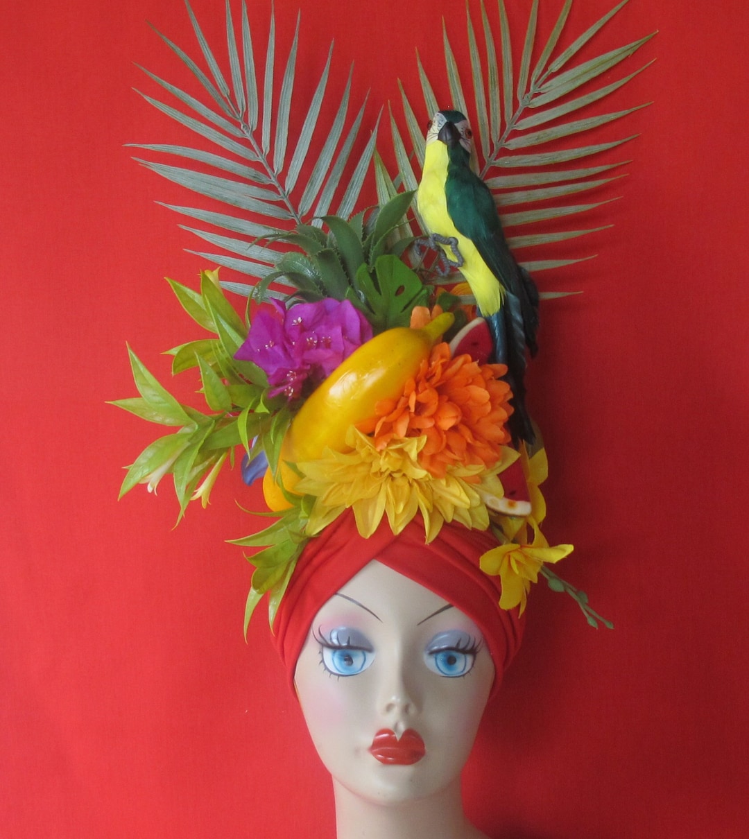 Tropical Fruits Parrot RED TURBAN Carmen Miranda Style, Headdress ...