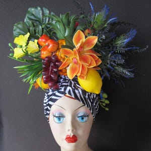 Tropical fruits  ZEBRA PRINT TURBAN Carmen Miranda style, headdress,tropical, carnival