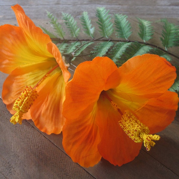 Tropical Hawaiian ORANGE Hibiscus set of 2 hair pin flowers ,weddings, tiki, luau, beach, maga PR